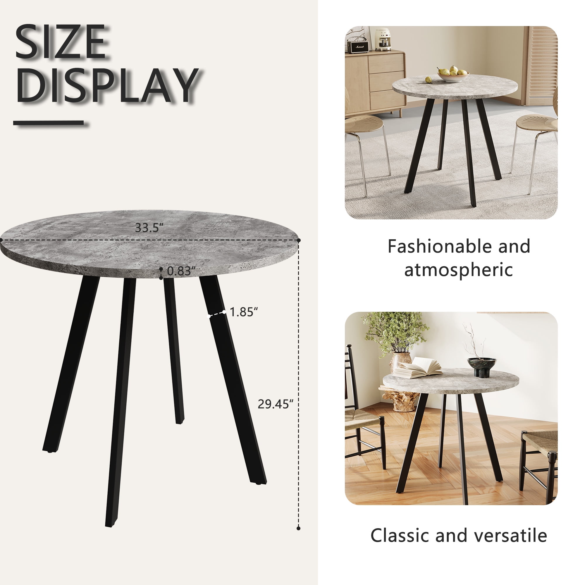 MOONMISS Modern Round Kitchen Dining Table,33.5 Inch Small Space Table with Gray Cement Texture Top,Mid-Century Leisure Coffee Table for Dining Room,Apartment & Office