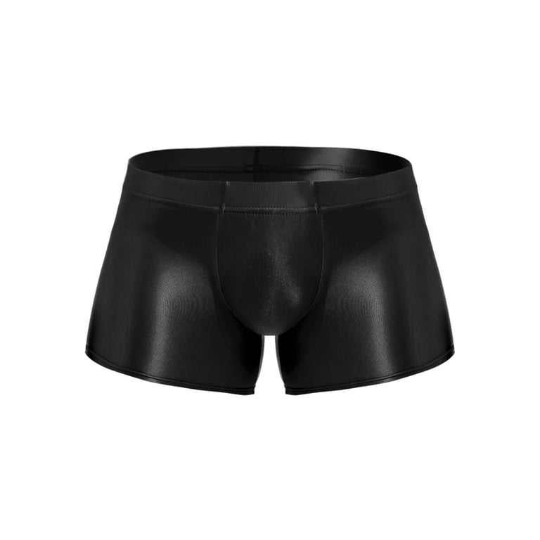 IEFIEL Mens Shiny Glossy Boxer Briefs Underwear Solid Color Low Rise Boxers  Underpants Swimming Trunks A Black L