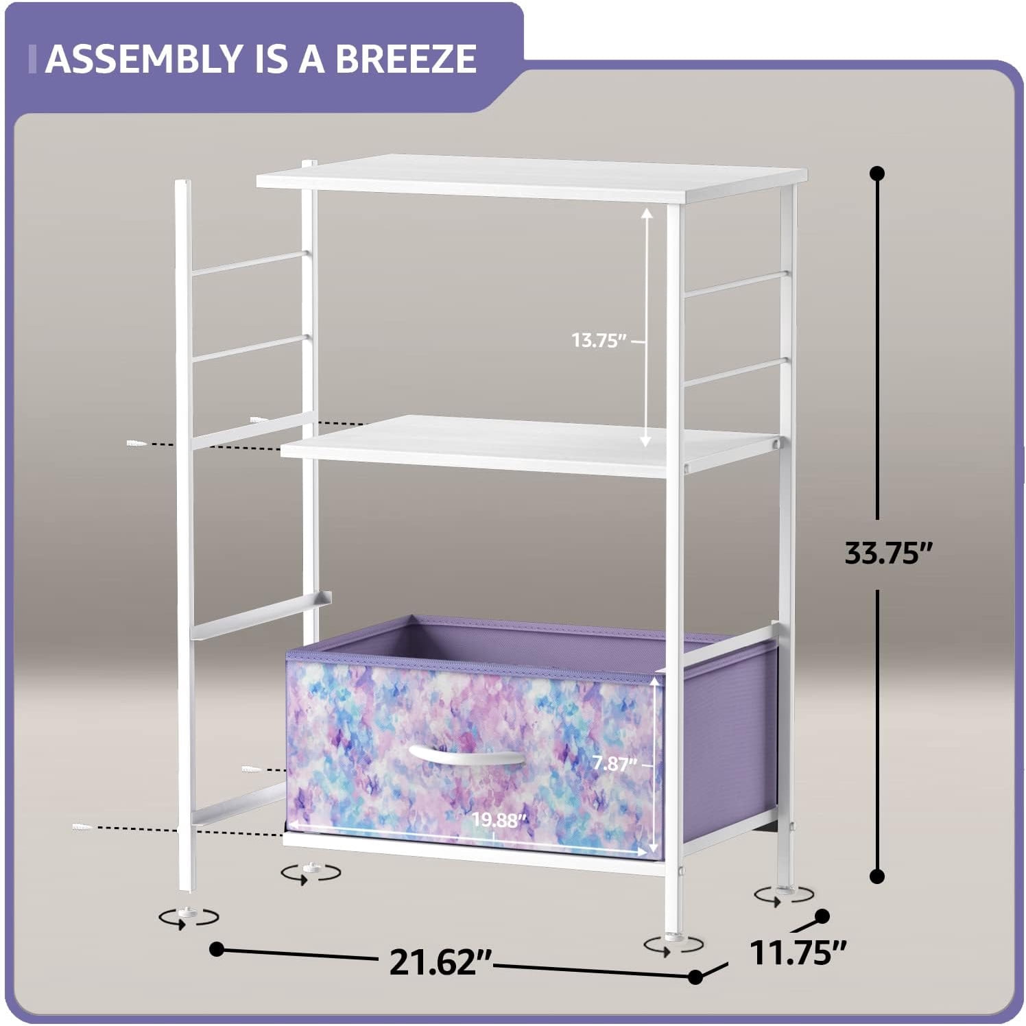Sorbus 2-Drawer Nightstand with Fabric Drawer, Steel Frame and Open Shelf, Tie-Dye Purple