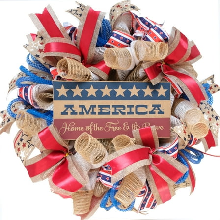 Idyllic 20" Patriotic Burlap Mesh Wreath, Red, White, & Blue