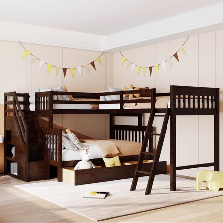 Twin over Full L-Shaped Bunk Bed With 3 Drawers  Ladder and Staircase - Espresso 10AAP