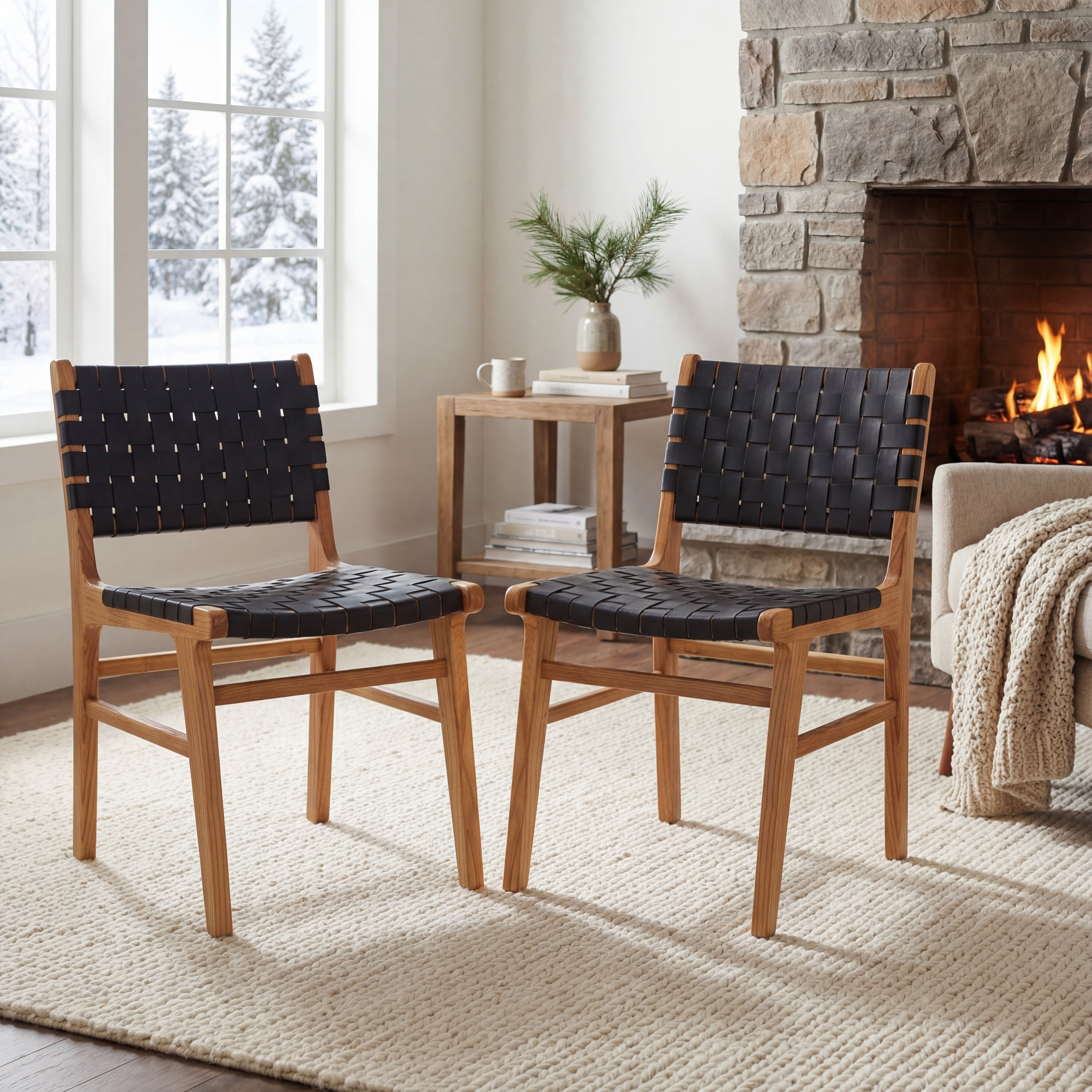 SAFAVIEH Taika Woven Leather Dining Chair, Black/Natural, Set of 2