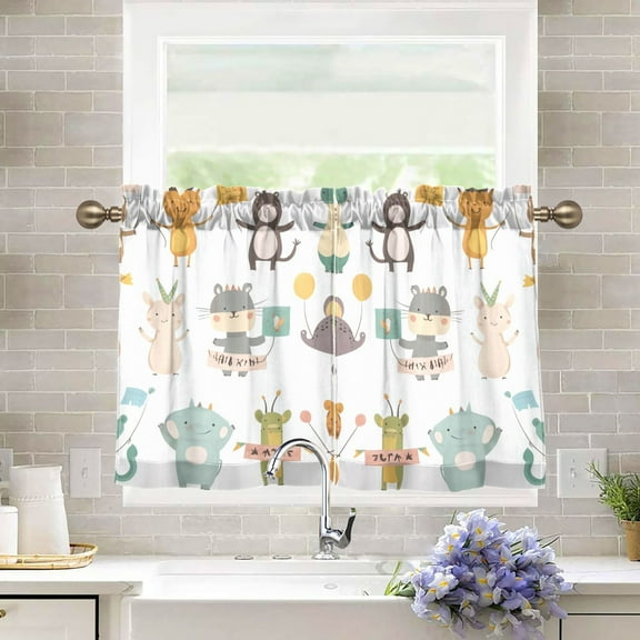 Yayeee Kitchen Curtains Tier Pair Light Filtering 27"x36" Rod Pocket Short Cafe Window Panel, Cute Animal