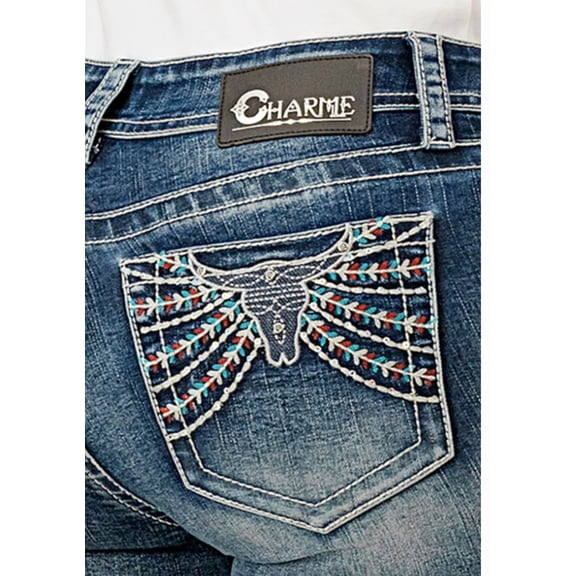 Charme by Grace in LA Steer Head Rhinestones Embellished Bootcut Stretch Jeans (25, Blue Stonewashed)