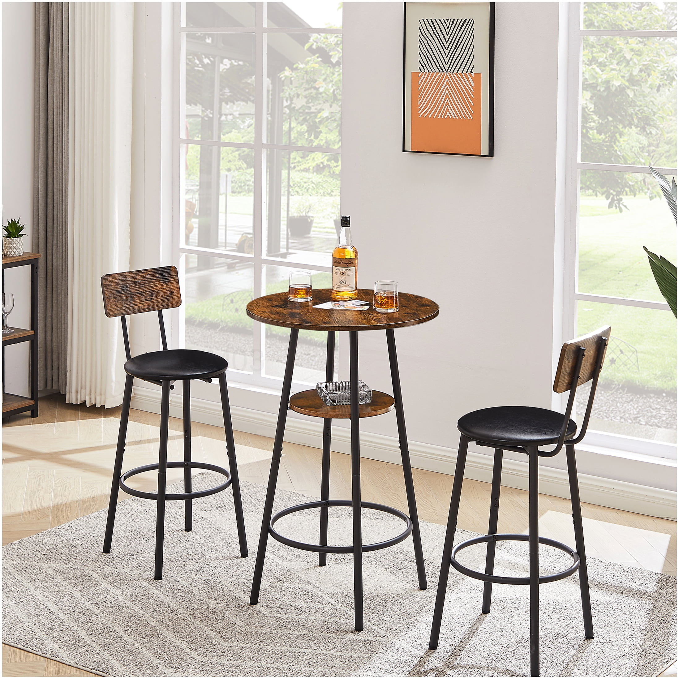 Industrial Style Bar Table Set with 2 Padded Stools, Rustic Brown Finish with Shelf