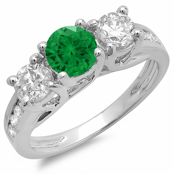 2.00 Carat (ctw) 10K White Gold Round Cut Green Emerald & White Diamond Ladies Bridal 3 Stone Engagement Ring 2 CT