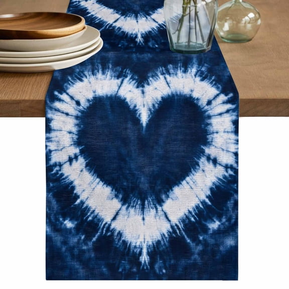 Blue Love Heart Table Runner, Boho Ethnic Modern Funny Tie Dye Art Washable Cotton Linen Table Runners 48 Inches Long, Dresser Scarf Runner for Nightstand/Coffee/End Tables 13''x48''