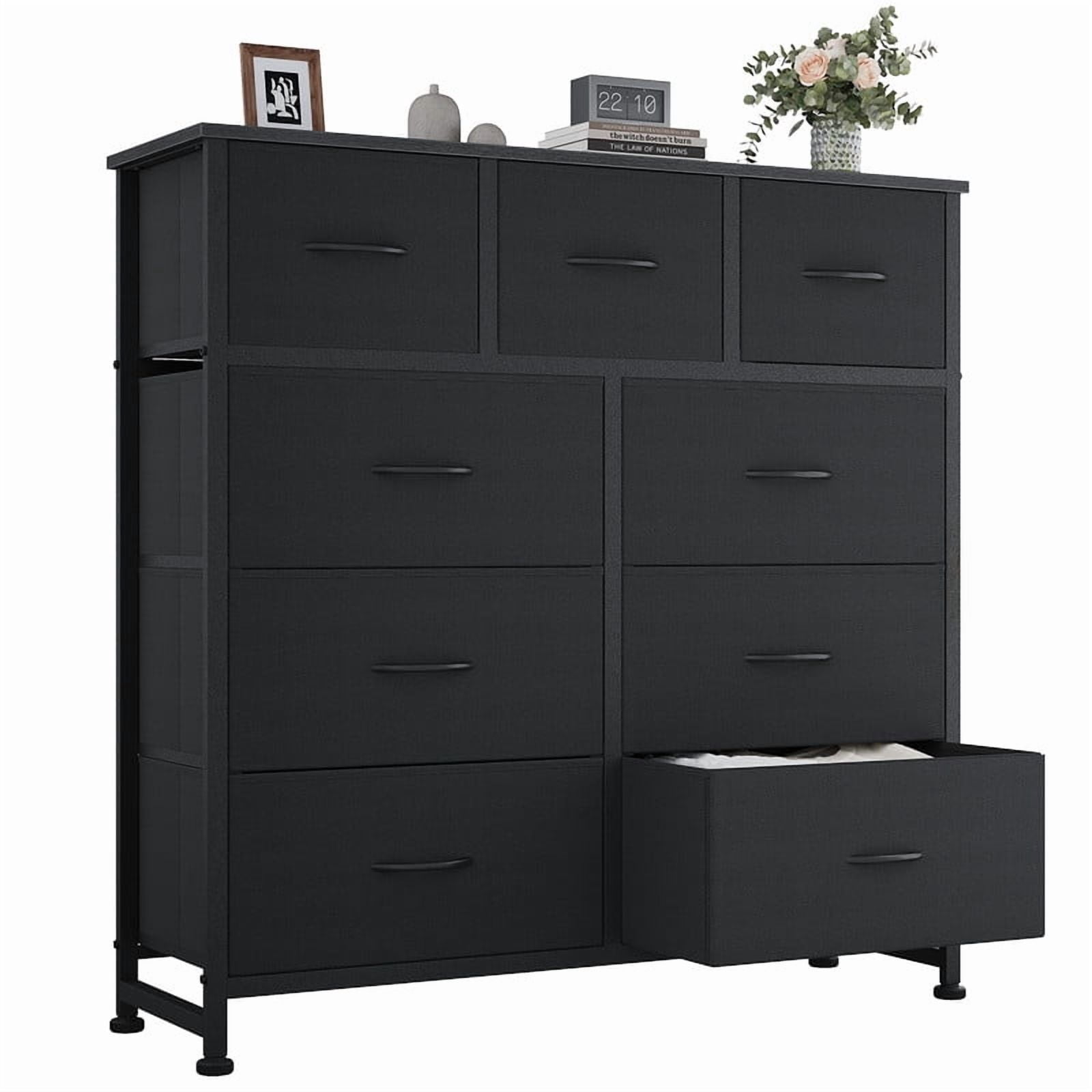 Kelno 9 Drawer Fabric Dresser Storage Tower Chest Organizer with Wood Top Steel Frame, Black