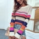 thumbnail image 3 of Suéter de mujer con cuello redondo ahuecado de punto de manga larga a rayas suelta Casual Top para compras de viaje Lady Girls, 3 of 6