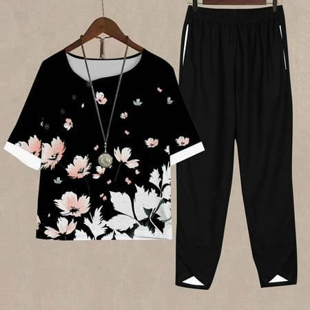 Deals of the Week Discount BVnarty Women s Summer Two Piece Outfits Short Sleeve Floral Printed T-Shirt Pants Set Loose Fit Tracksuit Jogger Sweatsuit Watermelon Red XL