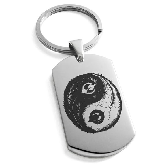 Stainless Steel Peacock Feather Yin Yang Engraved Dog Tag Keychain Keyring