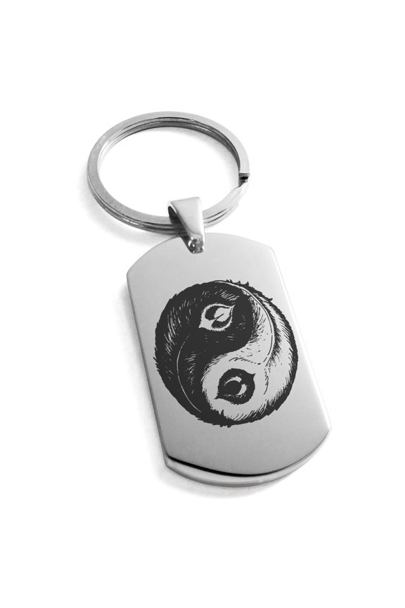 Stainless Steel Peacock Feather Yin Yang Engraved Dog Tag Keychain Keyring