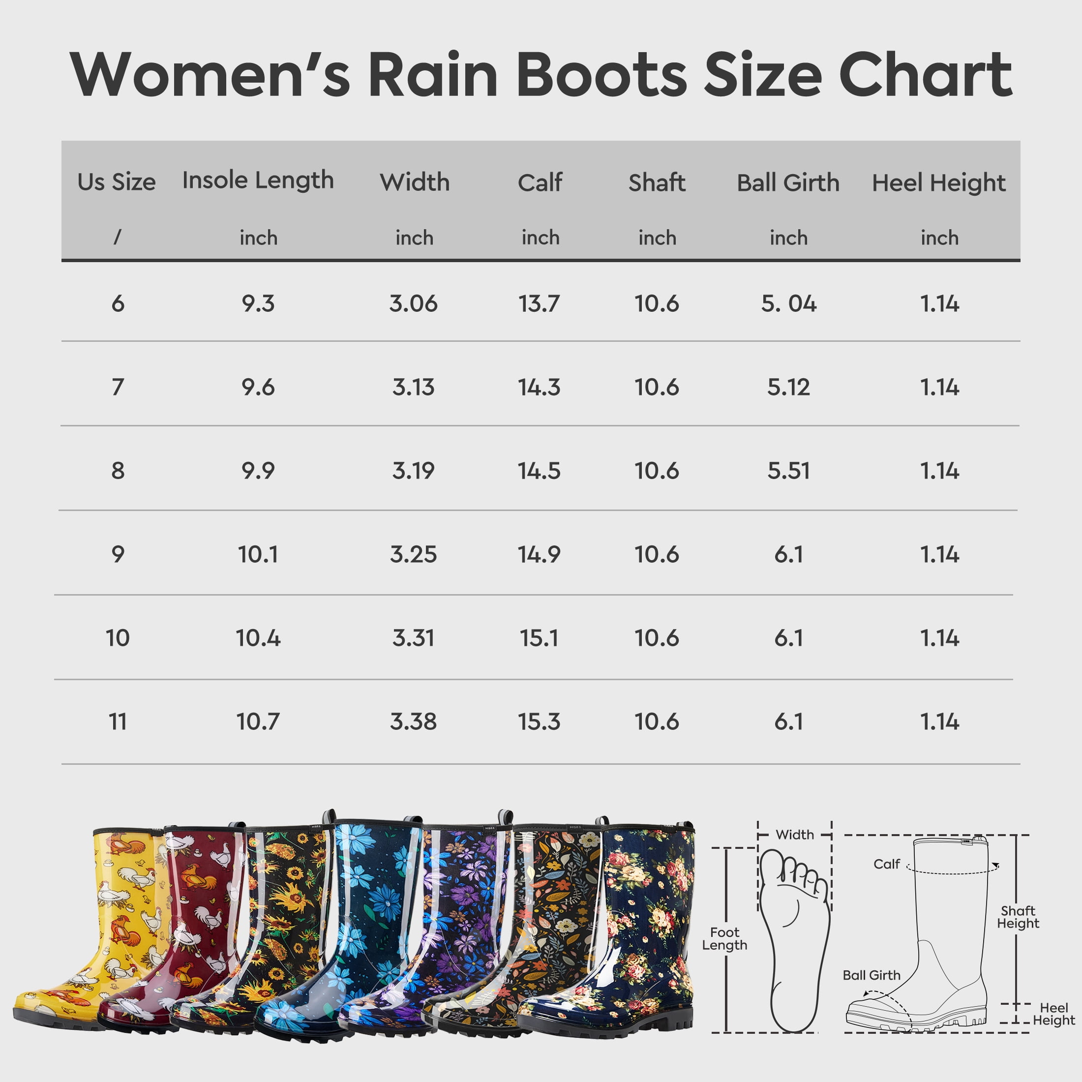 SMILIN Women's Rain Boots, Waterproof Non-slip High Ankle Garden Boots，Blue Floral, Size 11