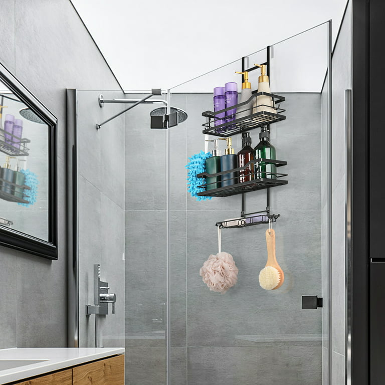 Over the Door Shower Caddy Organizer, Shower Storage Rack Shelf with Hooks  & Soap Holder, Black 