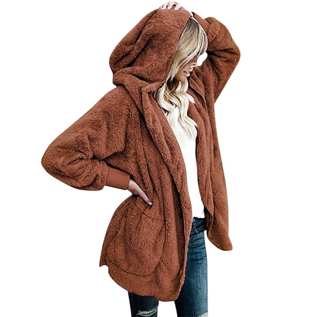 Atogsazn Cardigan à Capuche pour Femmes Veste en Polaire d'Hiver Ouverte avec Poches Café m Mode