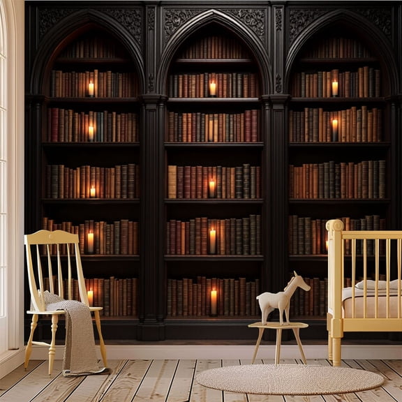 69"x98" Wall Mural Peel and Stick Wallpaper Vintage Bookshelf Library Bookshelf Wooden Bookshelves Lit Wall Decor Self Adhesive Removable Wall Stickers for Bedroom Living Room