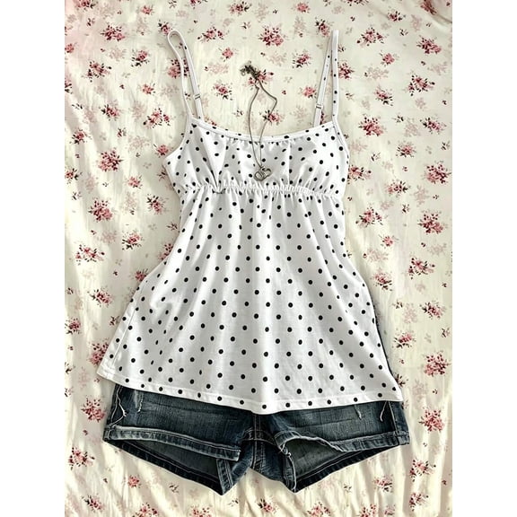 Women's Polka Dot Cami Tank Top, Spaghetti Strap Babydoll Blouse, Casual Summer Sleeveless Top for Vacation, Beach and Daily Wear