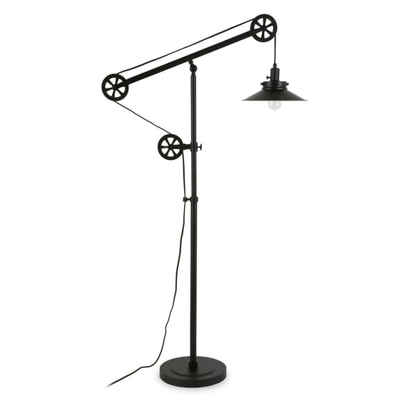 Evelyn&Zoe Descartes Wide Brim/Pulley System Floor Lamp with Metal Shade in Blackened Bronze/Blackened Bronze