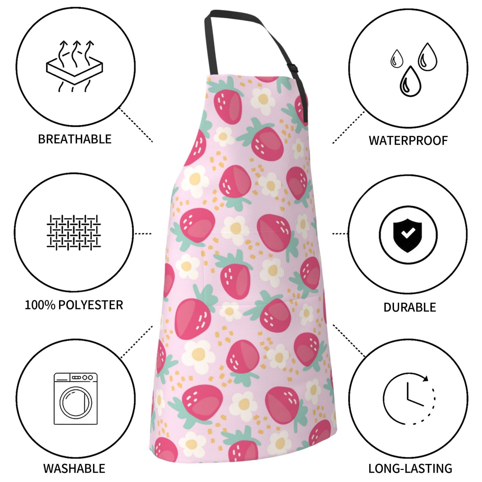 Kdxio Floral Strawberr Apron with Pockets Adjustable Kitchen Aprons for Men Women Waterproof Aprons for Cooking,Drawing,Crafting, Baking Household Cleaning