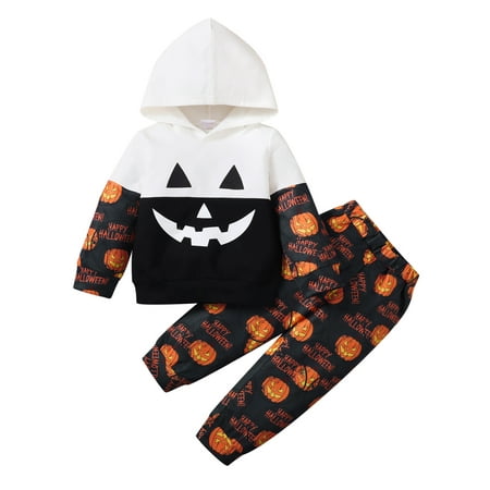 

Halloween Toddler Baby Boys Clothes Set Pumpkin Print Long Sleeve Hoodie and Elastic Waist Sweatpants Outfits