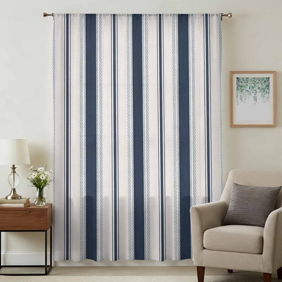 Navy Blue Beige Sheer Curtains 84 Inches Long, Retro Simple Abstract Vertical Stripes Light Filering Curtains, Breathable Simi Curtain Privacy Drapes for Living Room Bedroom Window Treatment