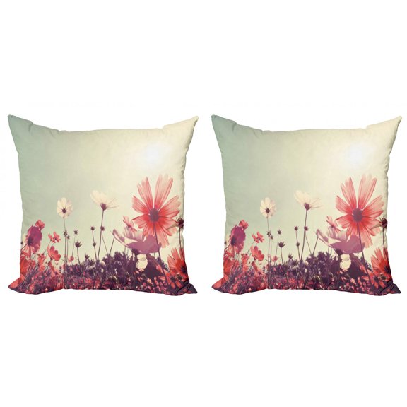 Ambesonne Floral Throw Pillow Cover 2 Pack, Vintage Cosmos Plant Sky, 24", Sky Blue and Dark Coral