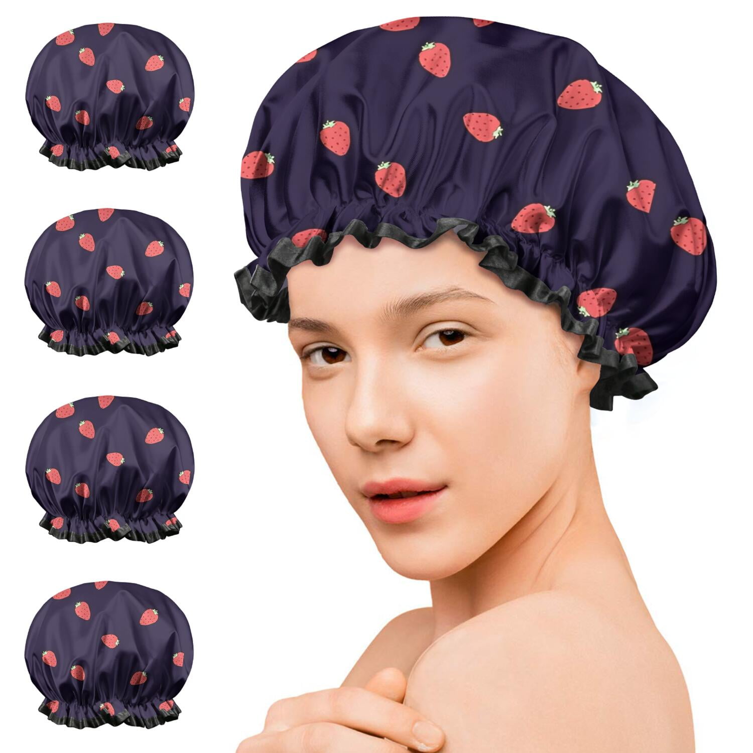 Shower Caps,Red Strawberry Plants Dark Pattern Waterproof Shower Cap for Women 4 Pieces,Double Reusable Hair Cover for Shower PEVA Elastic Stretch Hem