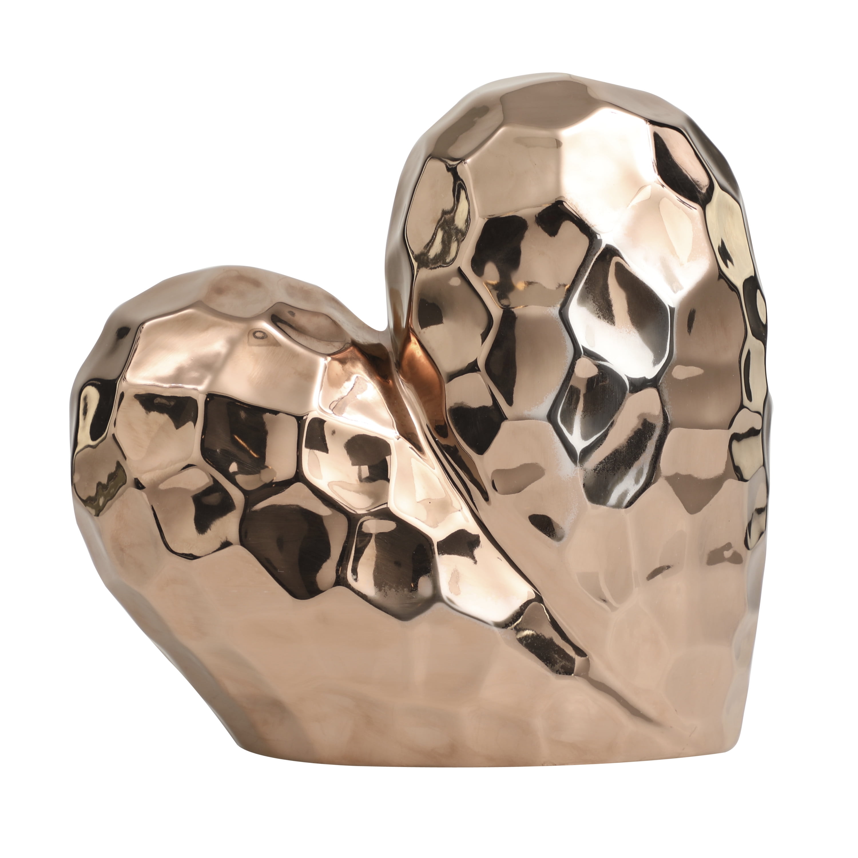 11" x 11" Rose Gold Ceramic Dimensional Angled Origami Inspired Heart Sculpture with Faceted Exterior, by DecMode