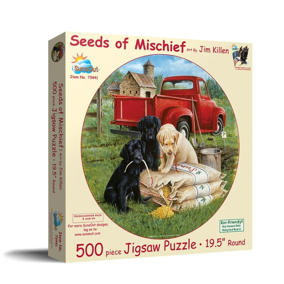 SUNSOUT INC - Seeds of Mischief - 500 pc Round Jigsaw Puzzle by Artist: Jim Killen - Finished Size 19.5" rd - MPN# 73441