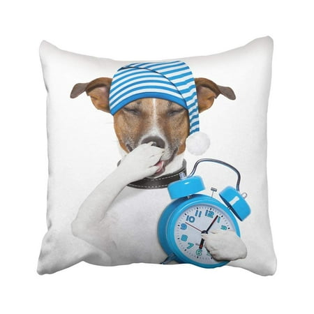 BPBOP White Sleep Sleepyhead Dog Tired With Clock And Funny Nightcap Sleepy Animal Pet Alarm Pillowcase Pillow Cover 16x16