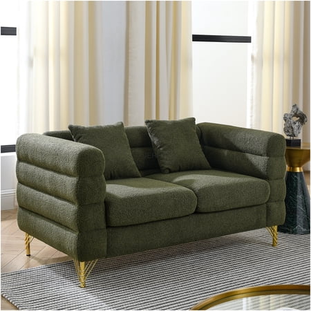 JERFIT 60 Green Teddy Fabric 2-Seater Sectional Sofa with Lumbar Pillows Modern Deep Seating Couch for Living Room Office