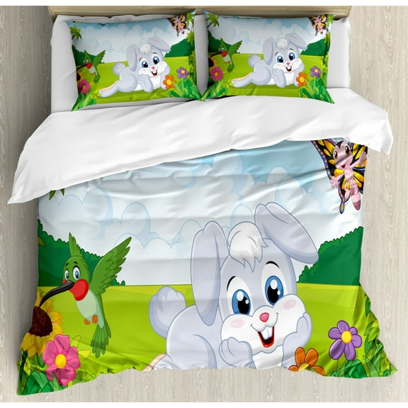 Kids Duvet Cover Set Queen Size, Rabbit on the Grass with Bee and Butterfly Birds Flowers Children Cartoon Fun Design, Decorative 3 Piece Bedding Set with 2 Pillow Shams, Multicolor, by Ambesonne