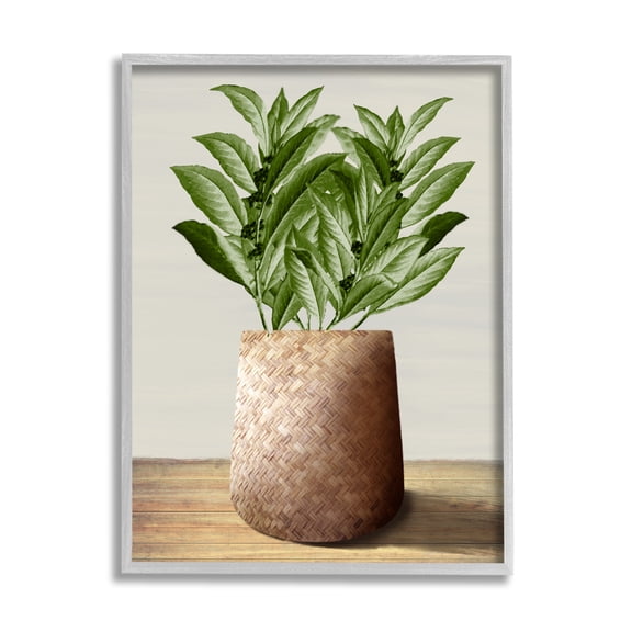 Stupell Industries Greenery in Woven Planter Botanical & Floral Painting Gray Framed Art Print Wall Art, 24 x 30