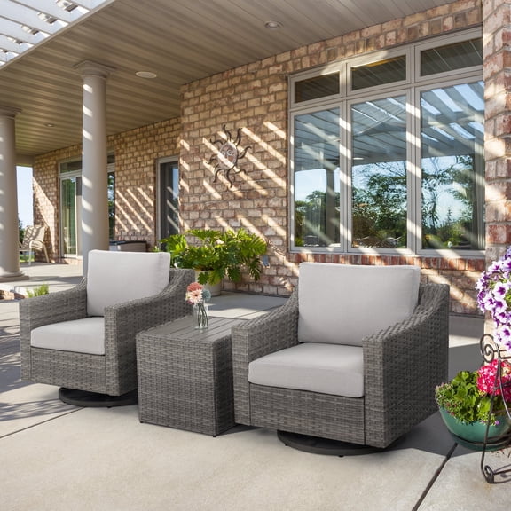 HAPPATIO 3-Piece Aluminum sofa set, Wicker Patio Bistro Set for 2, 360-Degree Swivel Outdoor Chairs x2, Side Table, for Yard, Porch, Balcony (Gray)