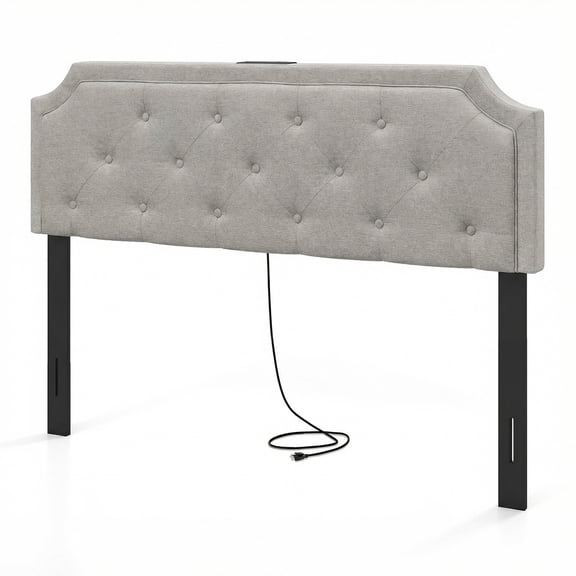 Patiojoy Queen/Full Adjustable Upholstered Headboard Only Modern Tufted Headboard with Charging Station Gray