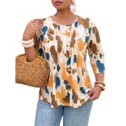 Cuteduck Women Plus Size Printed Tunic 3/4 Sleeve Fall Pleated Round-neck Casual Loose Ruffled Top 1X-5X