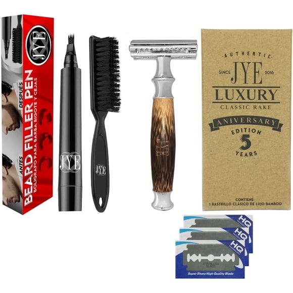 Kit rellenador de Barba, incluye Boligrafo rellenador de barba y bigote + Rastrillo profesional de Bambu y navajas desechables