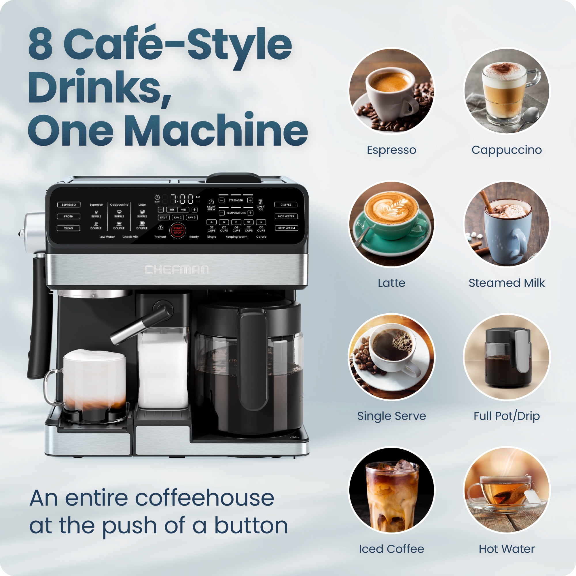 Chefman Coffee Station, Coffee Maker Espresso Machine Combo, Automatic Milk Frother – Black