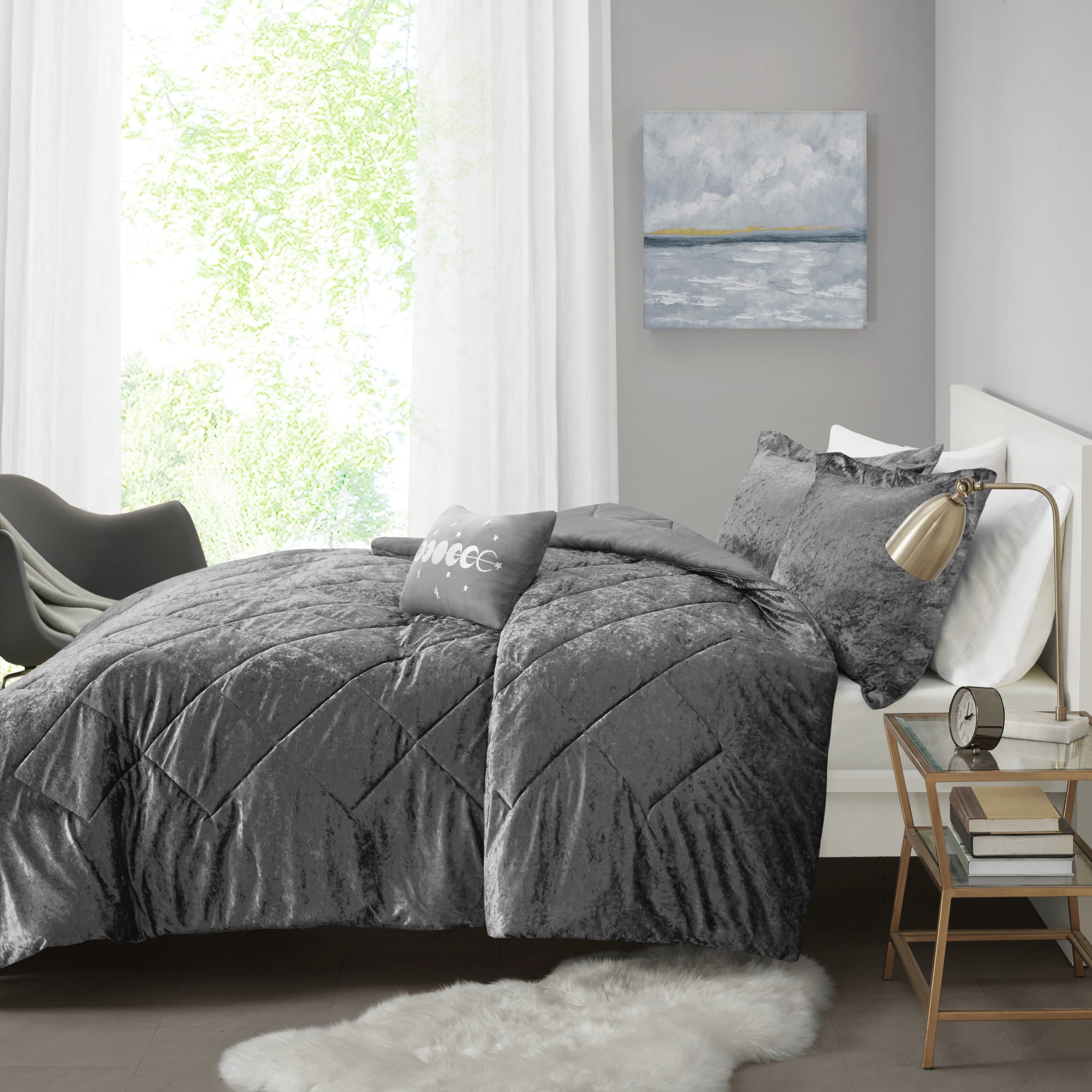 Home Essence Apartment Alyssa Gray Velvet 4 Piece Duvet Cover Set, Full/Queen