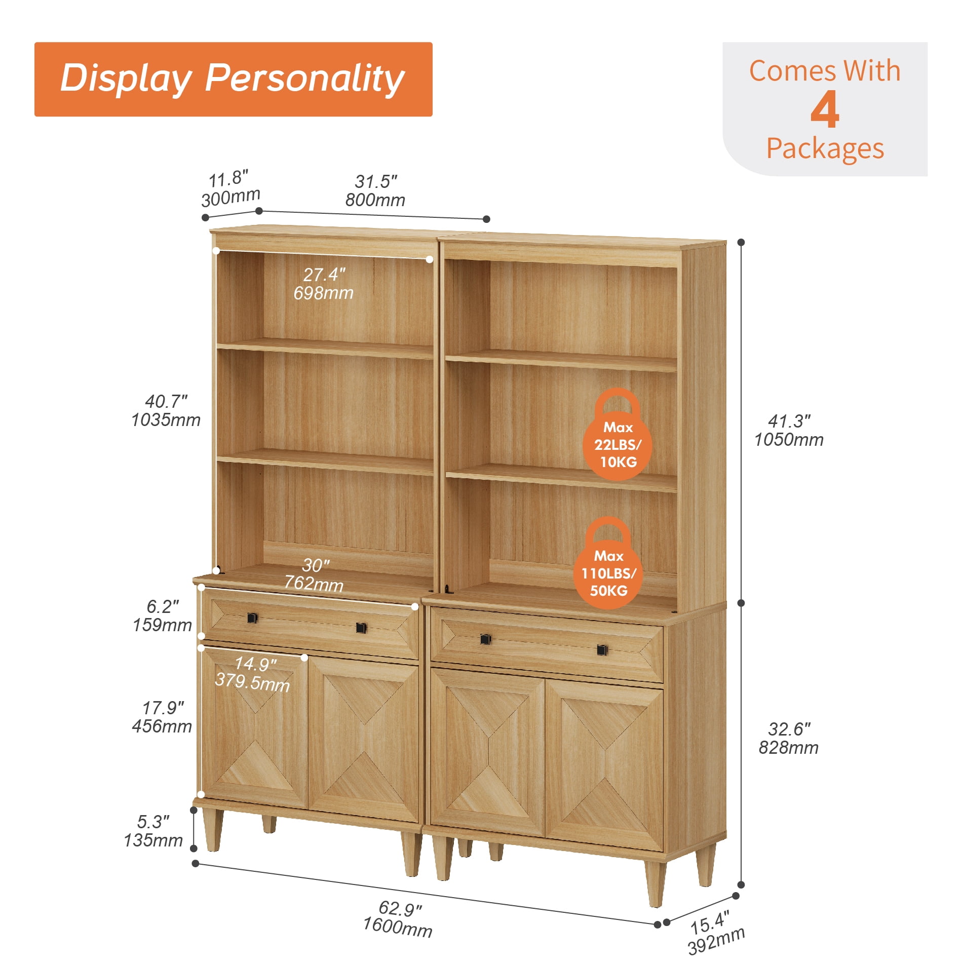WAMPAT Handmade Patchwork 63" Wide Tall Bookshelf with Cabinets, Oak