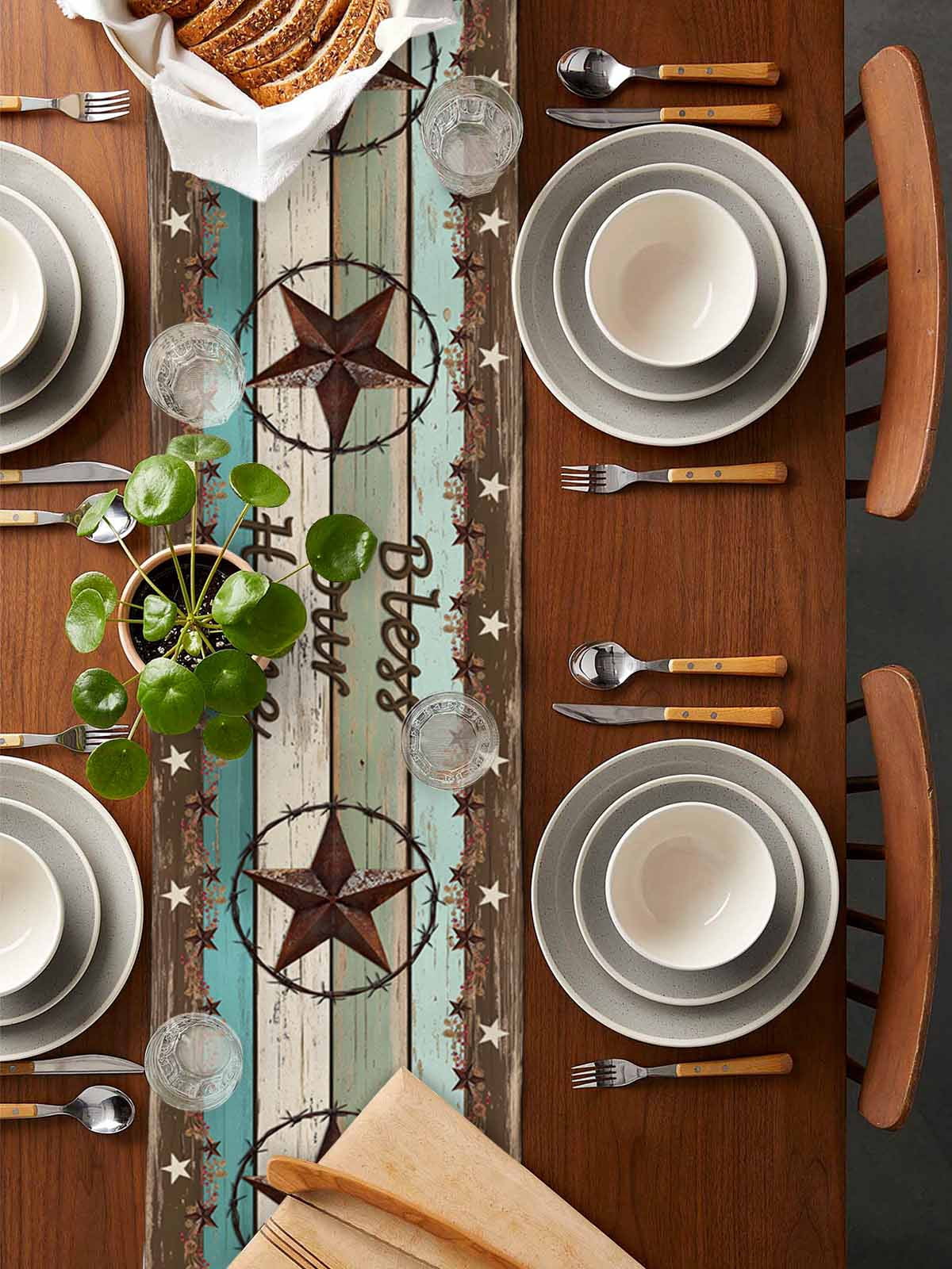 nqOlkjepod West Texas Star Rustic Table Runner 72 Inches Long Farmhouse Dress Scarves, Farmhouse Teal Green Wood Plank Dining Tablerunner for Coffee Table/Kitchen Island/Party Décor, 13" x 72"