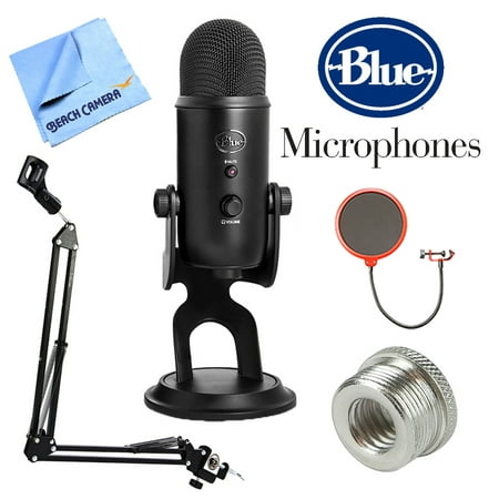 Blue Microphones Yeti Professional USB Desk Microphone - Blackout (BLACKOUTYETI) + Suspension Boom Scissor Arm Stand + Pop Filter Microphone Wind Screen + Mic Stand Adapter + MicroFiber