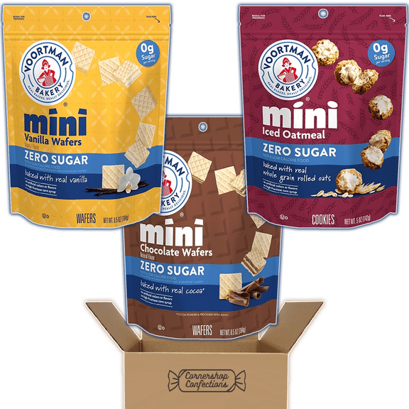 Voortman Zero Sugar Mini Treat Variety Pack - 3 Flavors, 1 Resealable Bag Each - Iced Oatmeal Cookies, Chocolate Wafers and Vanilla Wafers - For Lunch, Snack, Movies in Cornershop Confections Pack