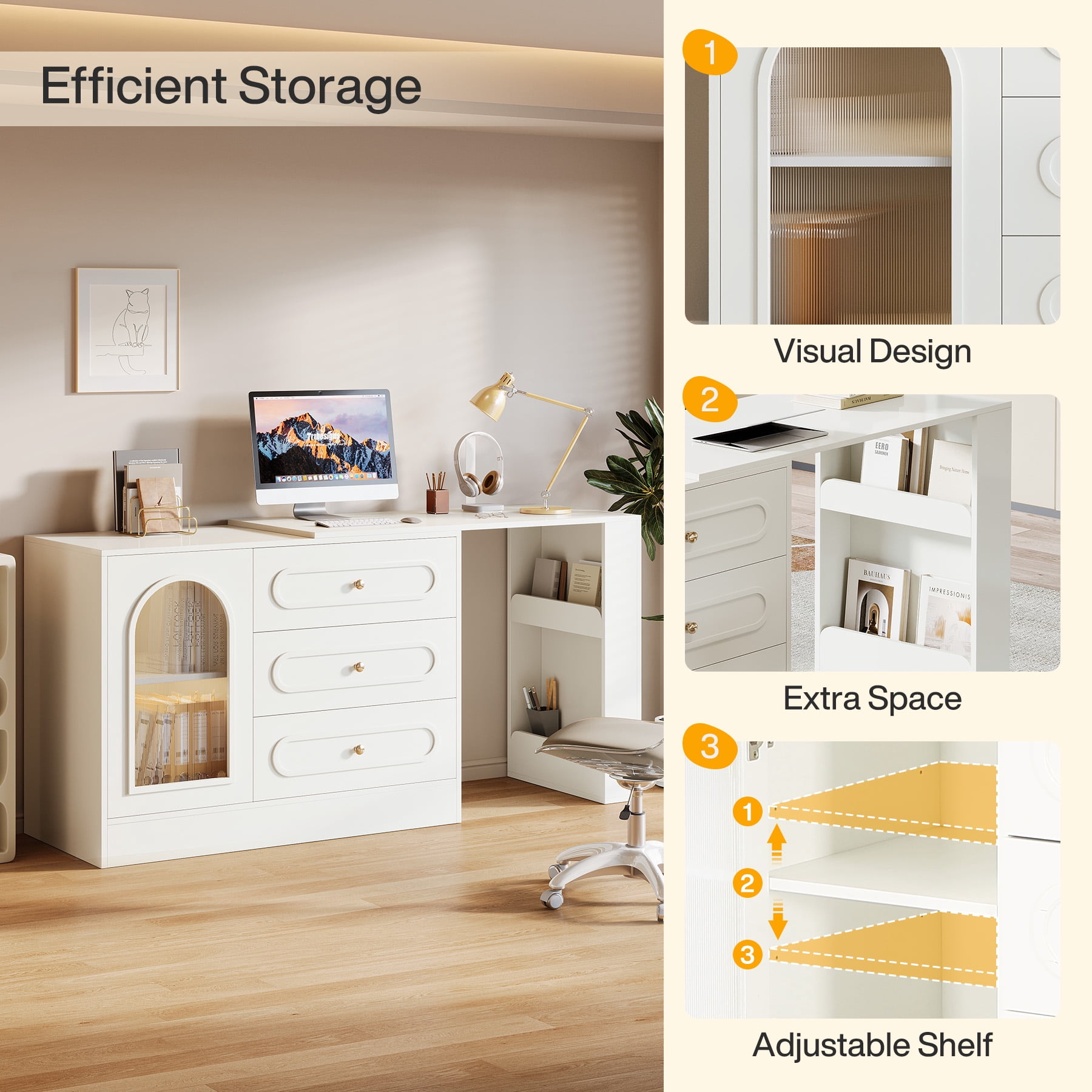 Fnova Rotatable L-Shaped Computer Desk with 3 Drawers, Cabinet, Reversible Corner Design with Adjustable Shelves, Home Office Workstation Writing Table for Bedroom