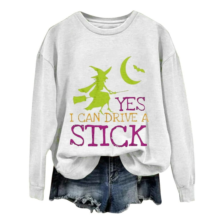 NOKIO Women s Halloween Sweatshirts Skull Graphic T Shirts Women s Yes I Can Drive A Stick Halloween Witch Print Casual Sweatshirt Women S Basic Crew Neck Sweater Women S Printed Sweatshirt Walmart ...