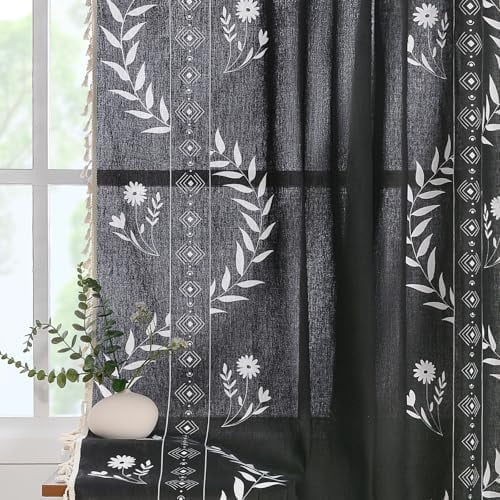 Black Boho Curtains for Living Room 63 Inches Long Semi Sheer Linen Floral Pattern Curtains Vintage Farmhouse Window Curtain 2 Panel for Dining Room Kitchen
