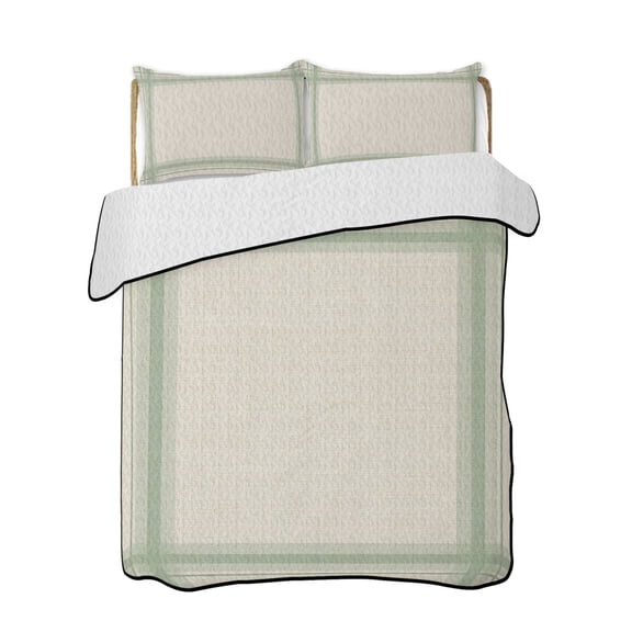 Quilt King Size Bedding Set, Green Grid Lines Reversible Summer Quilt 3 Pieces, Minimalist Stripes Linen Texture Beige Lightweight Bedspreads Coverlets with 2 Pillow Shams for All Seasons