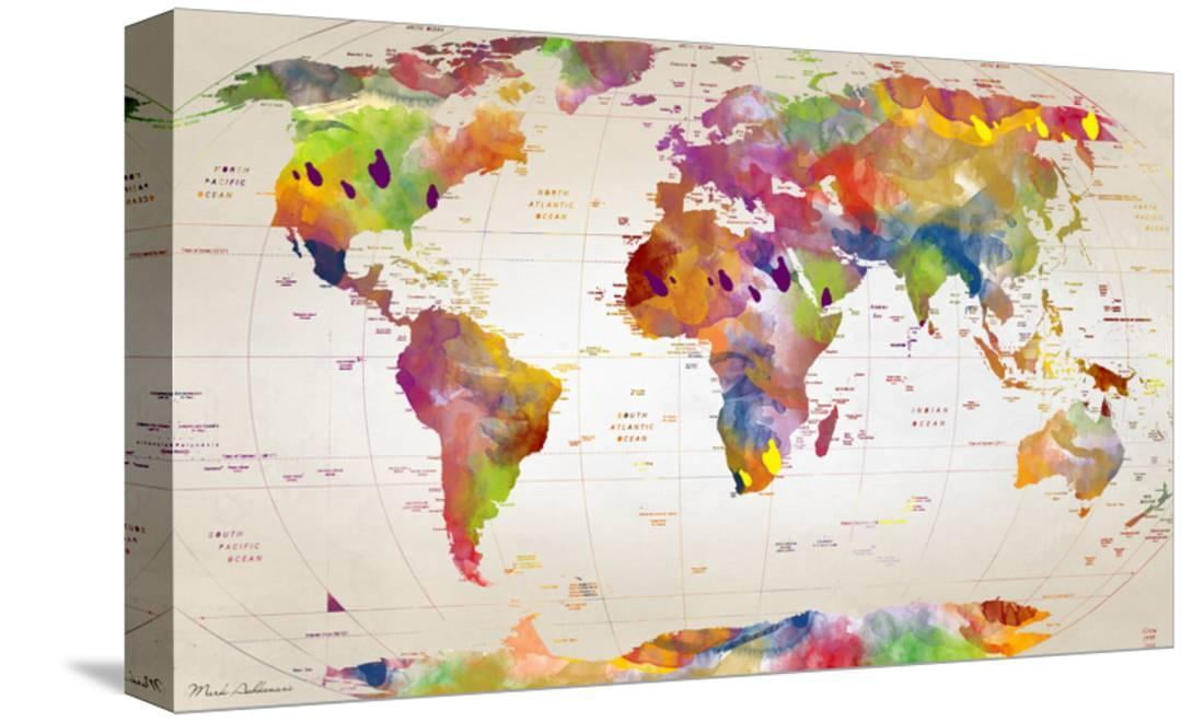 map of the world stretched canvas print wall art by mark ashkenazi