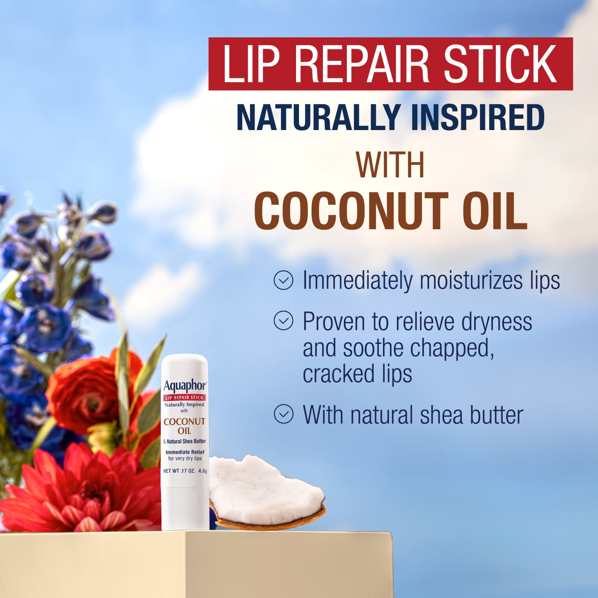 Aquaphor Naturally Inspired Lip Repair Balm Stick for Very Dry Lips with Coconut Oil, 0.17 oz