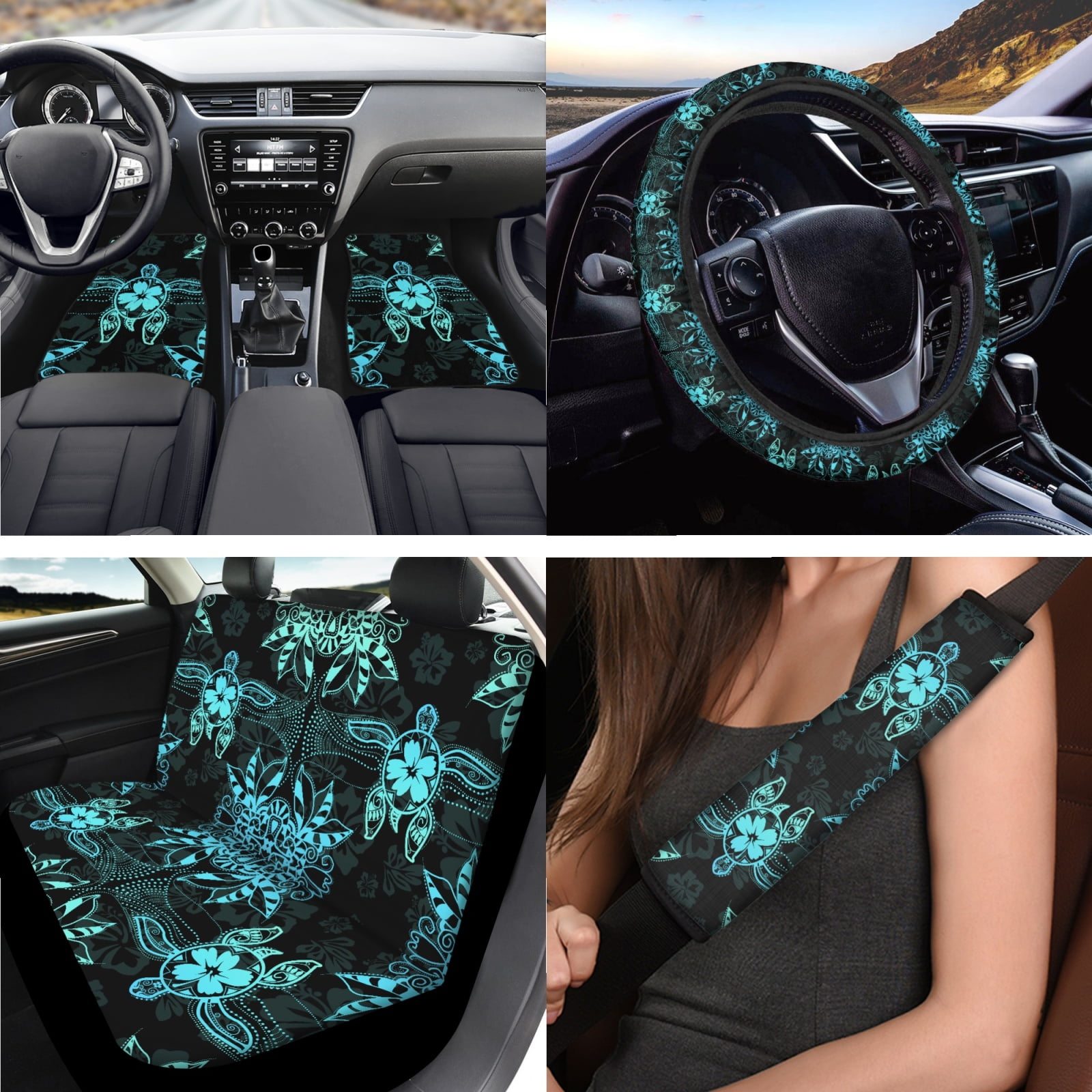 Jeiento Sea Turtle Auto Accessories Set Car Seat Cover Protector Car Floor Mats Steering Wheel Cover Seatbelt Shoulder Pad Armrest Cover Coasters Lipstick Holder Keychains 17 PCS Car Decor